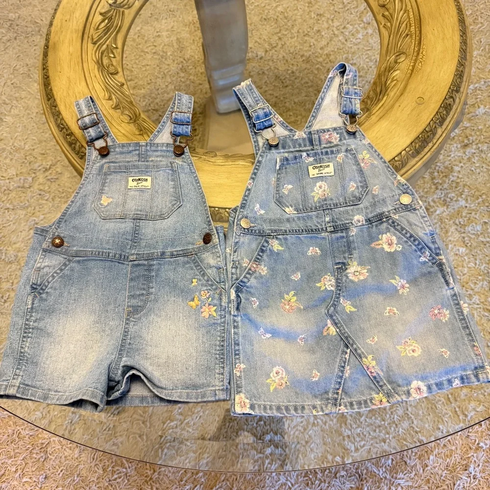 OshKosh B'gosh Overalls Vestbak Flowers Girls Sz 3T Lot of 2 Dress and Shorts